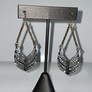 Feather Earrings Silver & Gold Tone‎ Crystal Long Drop Statement Signed ls A246